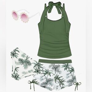 Green Kids Swim 3 Pieces Set with Tropical Print